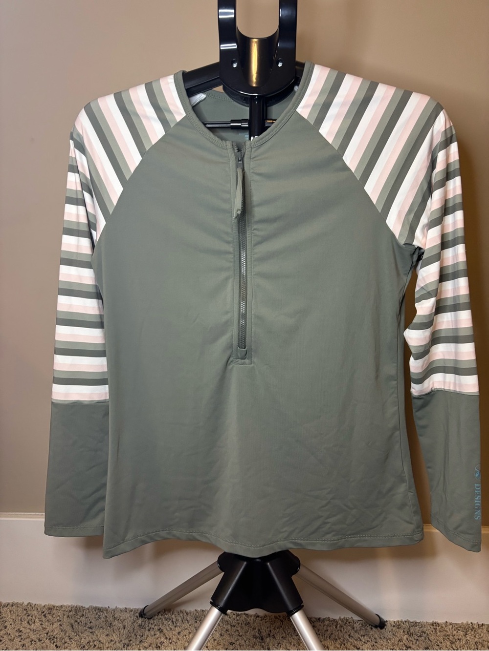 Carve Designs Olive Green Long-Sleeve Quarter Zip with Striped Sleeves